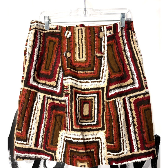 Worthington Geo Print Pencil Skirt Buttons Pleats Back Zip Career Retro Linen 8 - Picture 1 of 6